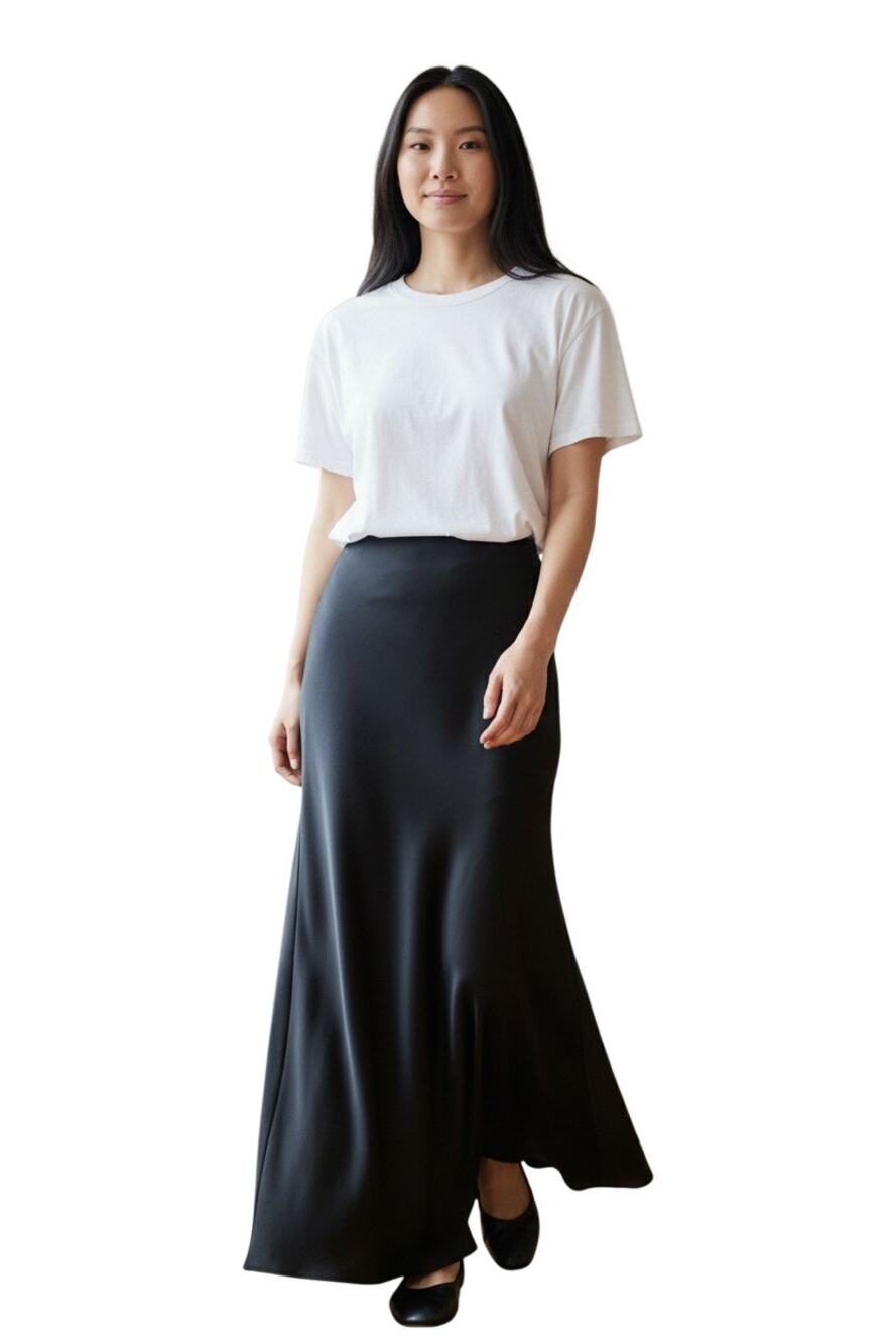 Tara Jarmon $460 Jesta black fluid satin maxi avant garde skirt Size 34-US 0